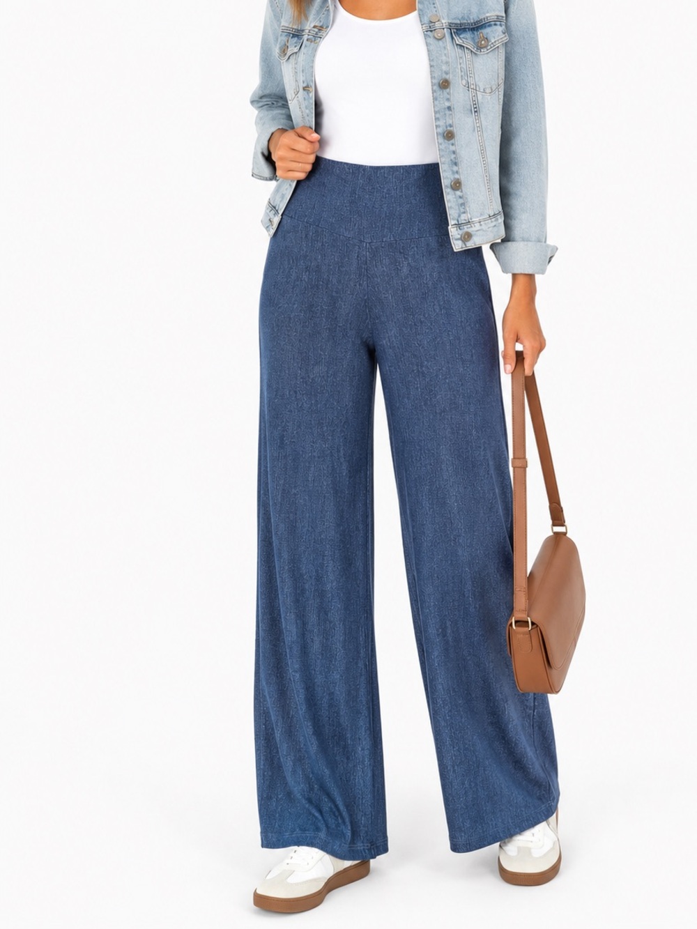 Poliana Plus Pull-On Wide Leg Pants Faux Denim Print Stretch Knit Plus Size 3X